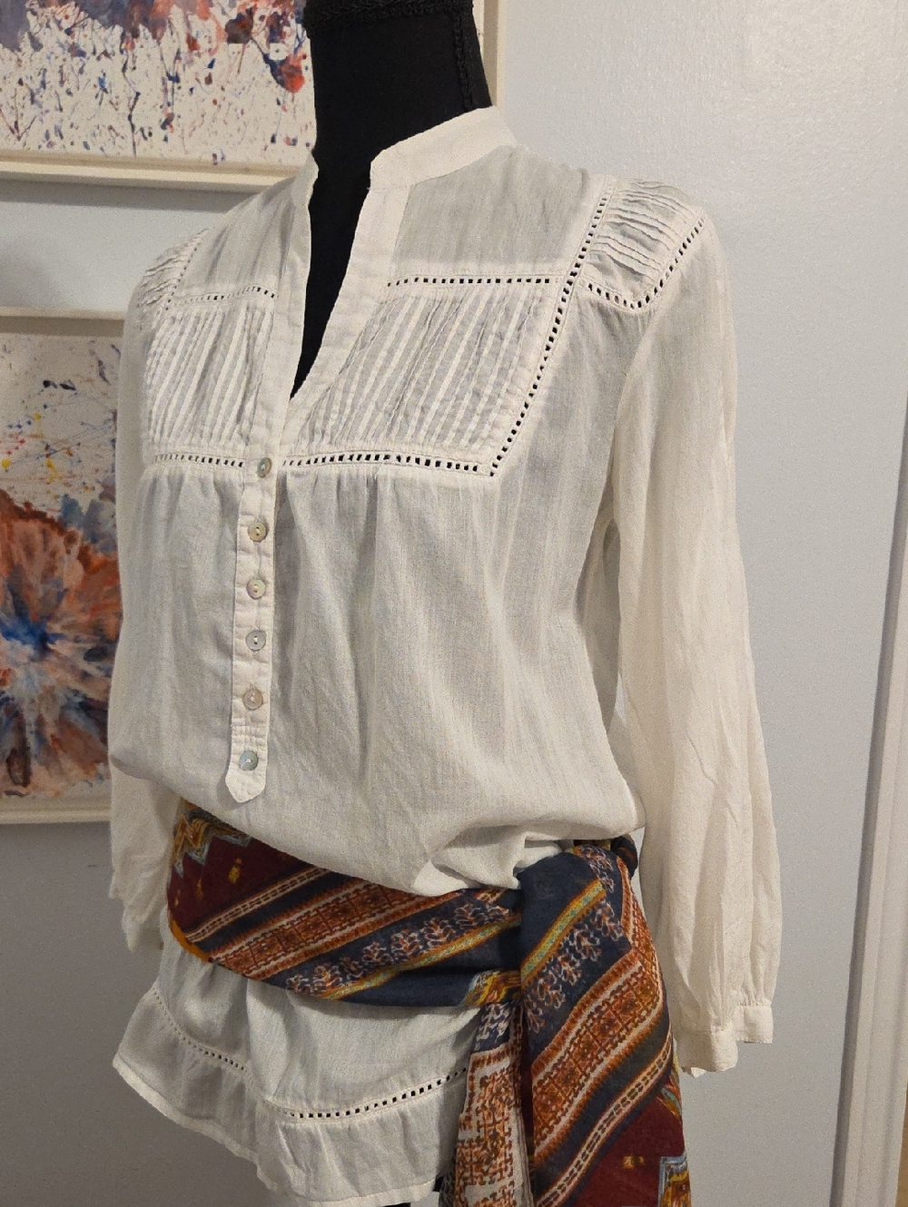 Promod Cream Pintuck Peasant Blouse with Button Placket